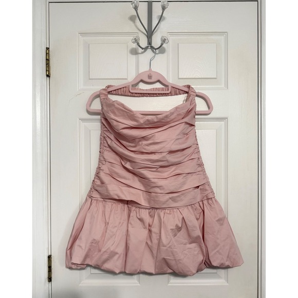 Meshki Dresses & Skirts - Meshki Pink Ruched Bubble Hem Mini Dress Halter Neckline Large Coquette Romanic